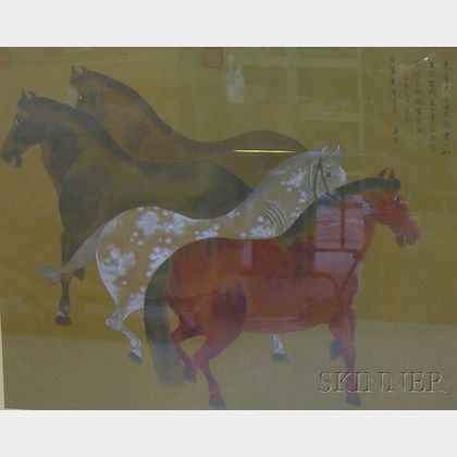 Framed 20th Century Chinese School Ink and Gouache on Silk of Horses
