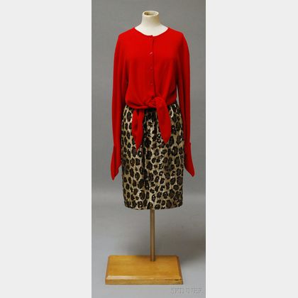 Bill Blass Sequin and Bead Leopard Print Skirt and Red Cashmere Cardigan Sweater