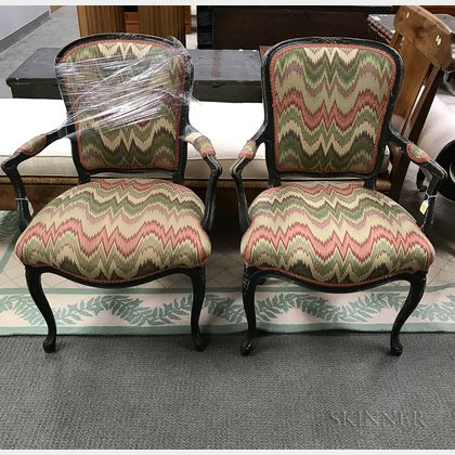 Pair Louis XV Green-painted and Upholstered Fauteuil