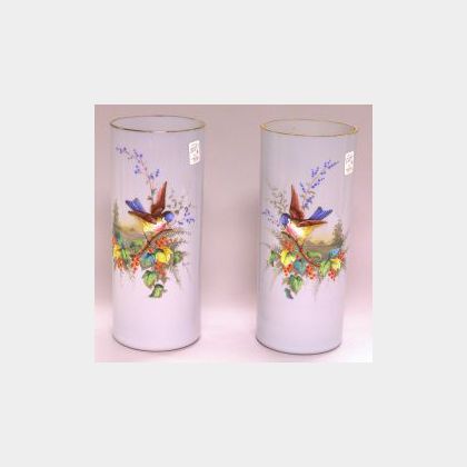 Pair of Enamel Decorated Bluebird and Floral Bristol Pale Blue Glass Vases. 