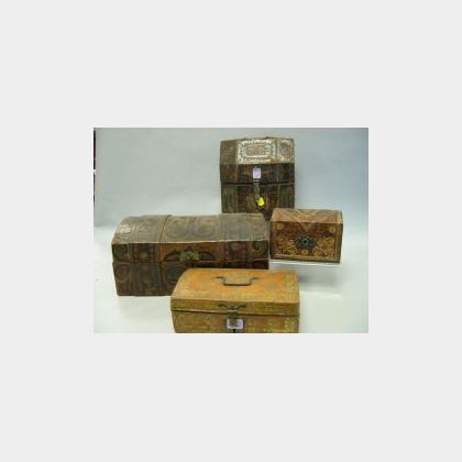 Four Gilt and Painted Tooled Leather-clad Document Boxes. 