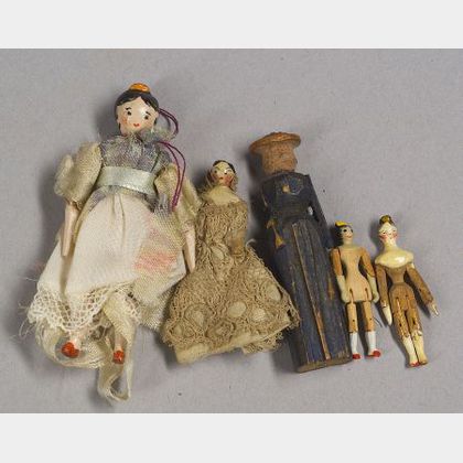 Five Tiny Early Wooden Dolls