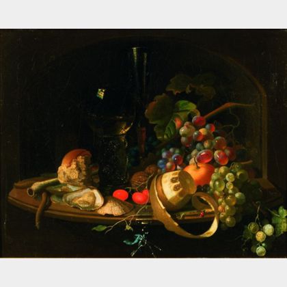 Manner of Willem Claesz Heda (Dutch, 1594-c. 1680) Still Life With Rommer, Fruit and Oysters on a Ledge