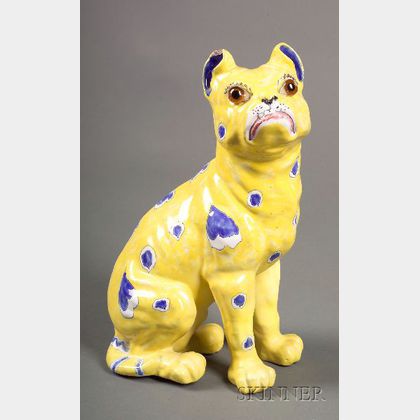 Emile Galle Style Blue and Yellow Painted Pottery Dog Figurine