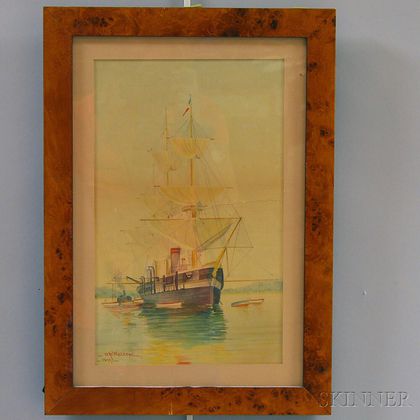 American School, 19th/20th Century Square-rigged Ship in a River or Harbor.