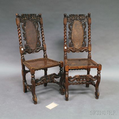 Pair of Charles II-style Carved and Caned Side Chairs