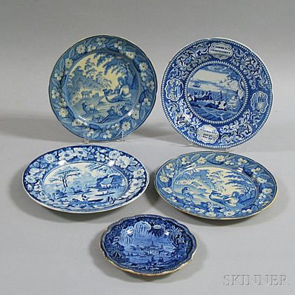 Five Blue and White Transfer-decorated Plates