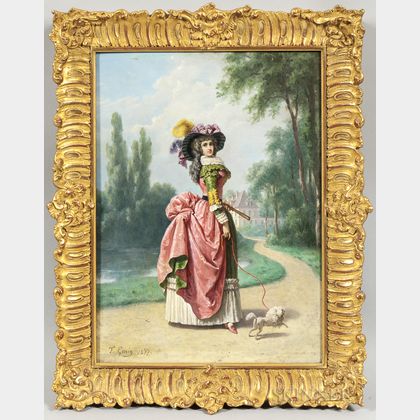 Francesco Gonin (Italian, 1808-1889) Elegant Woman Strolling with Her Poodle