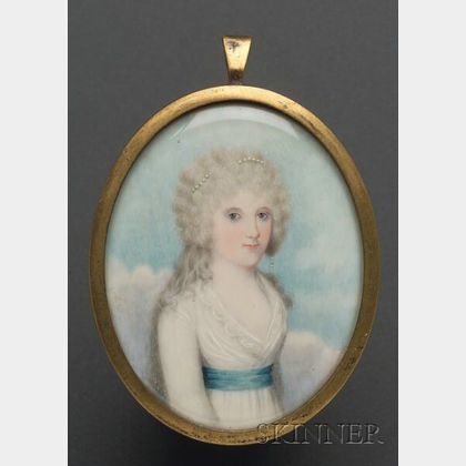 Portrait Miniature of a Woman in a White Dress with a Blue Sash