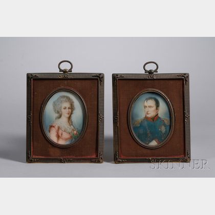 Pair of Gilt-metal and Cloth Framed Miniature Hand-painted Portraits on Ivory Depicting Napoleon and Josephine
