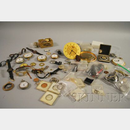 Large Group of Watches, Clocks, Movements, Faces, and Assorted Findings. 