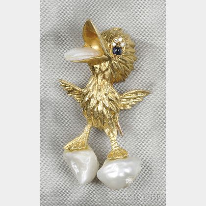 18kt Gold and Cultured Baroque Freshwater Pearl Duckling Brooch