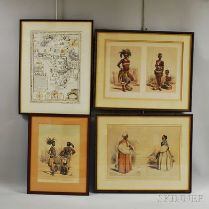 Three Framed Figural Lithographs and a Map of Africa