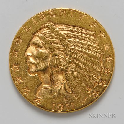 1911 $5 Indian Head Gold Coin. Estimate $300-400