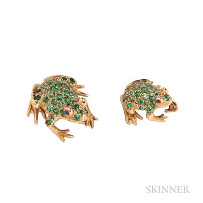 18kt Gold and Tsavorite Garnet Frog Brooches, E. Wolfe & Co.