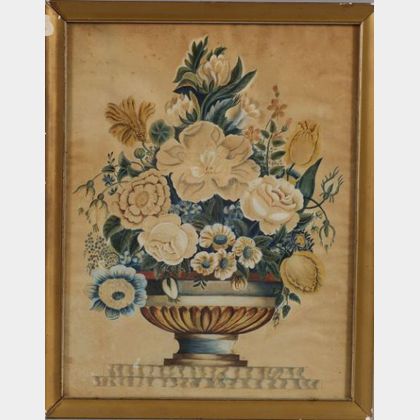 American School, 19th Century Still Life of Flowers in an Urn on a Marble Tabletop.