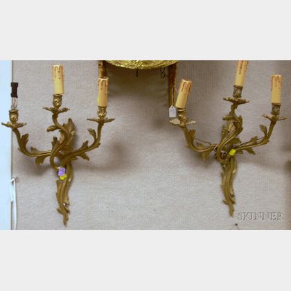 Pair of Louis XV Style Cast Brass Three-light Wall Sconces