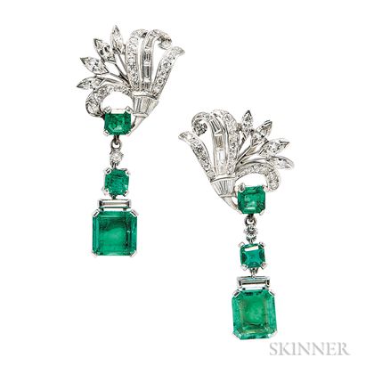 Platinum, Emerald, and Diamond Earrings