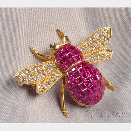 18kt Gold, Ruby, and Diamond Bee Brooch, Carlo Viani