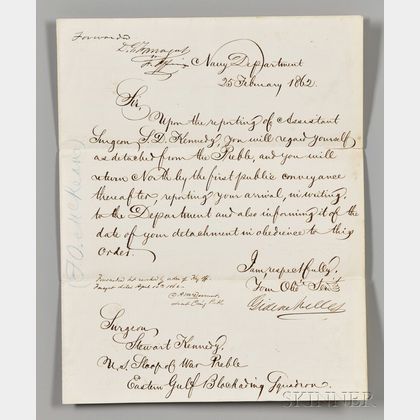 Welles, Gideon (1802-1878) Two Secretarial Letters Signed.