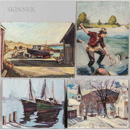 Paul Ernest Goodridge (American, 1912-1991) Four Unframed Oil Paintings: Fly Fisherman, Snowy Village Street, and Two Views... 