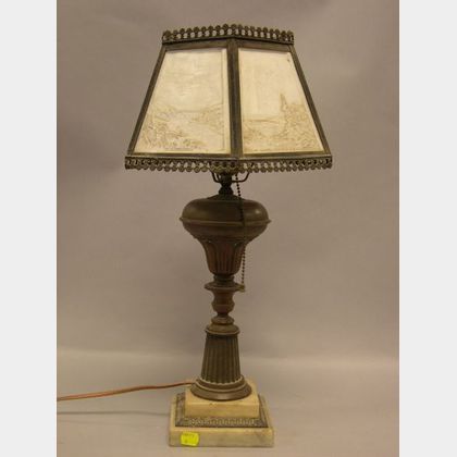 Five-Panel Landscape Lithophane Shade on Brass and White Marble Table Lamp Base. 