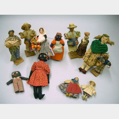 Collection of Five Small Folk Cloth Dolls and Seven Small Ethnographic Costume Dolls. 