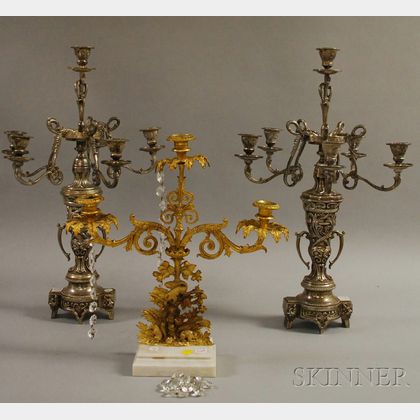 Pair of Victorian-style Silvered Cast Metal Six-light Candelabra and a Gilt-metal Figural Girandole Candelabra. 