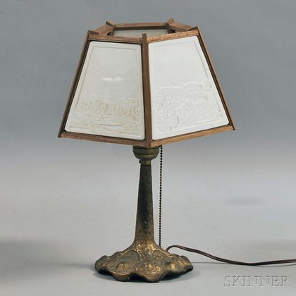 Gilt Iron Table Lamp with Lithophane-style Shade