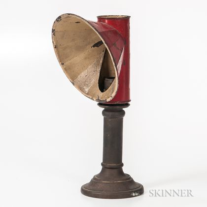 Brass Candlestick Student Lamp with Red-painted Shade