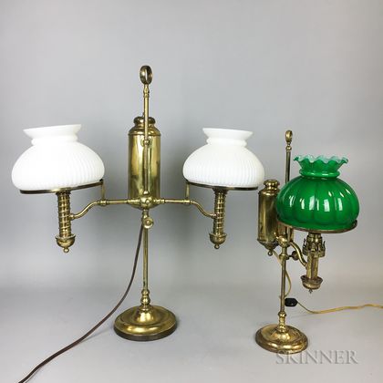 Two Brass and Glass Student Lamps