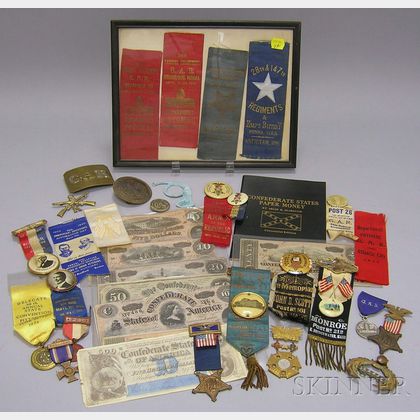 Group of Civil War Era, G.A.R., and Related Fraternal Buckles, Insignia, Medals, Ribbons, and Pins, and Six Pie... 