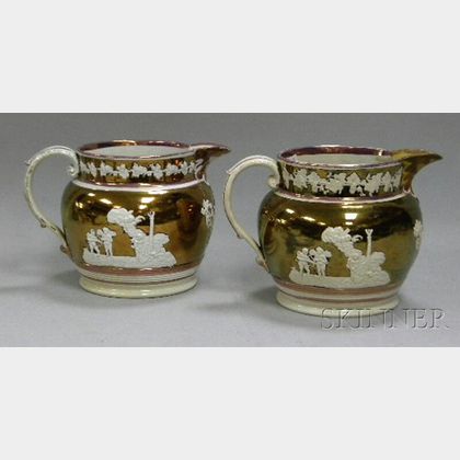 Pair of Large English Copper Lustre Staffordshire Pitchers