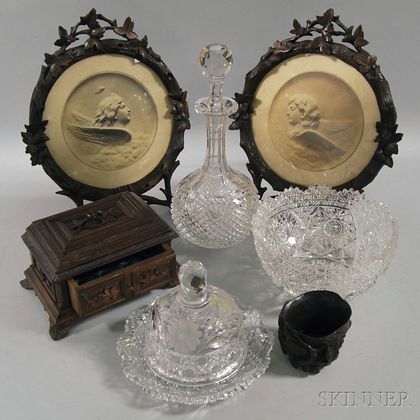 Three Colorless Cut Glass Items and Four Carved Wooden Items