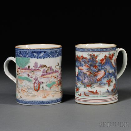 Large Chinese Export Cider Mug Decorated with a Hunt Scene and an Imari-decorated Mug