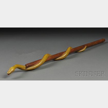 Folk Carved and Painted Wooden Snake Cane