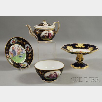 Three-piece English Gilt, Transfer, and Hand-painted Genre and Fruit-decorated Porcelain Partial Tea Service and a Similar Gilt and Han