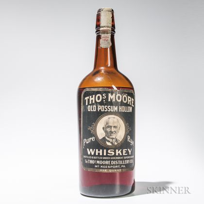 Thos. Moore Old Possum Hollow Pure Rye Whiskey 1912, 1 quart bottle 