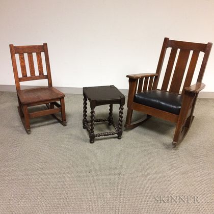 Stickley Brothers Arts and Crafts Oak Rocking Side Chair and Barleytwist Stool