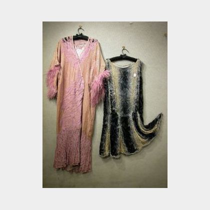 1920s Ladys Cut Velvet and Rhinestone Dress and a Pink Lace and Feathered Velvet Lounge Robe. 