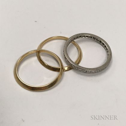 Platinum and Diamond Band and Two 14kt Gold Bands