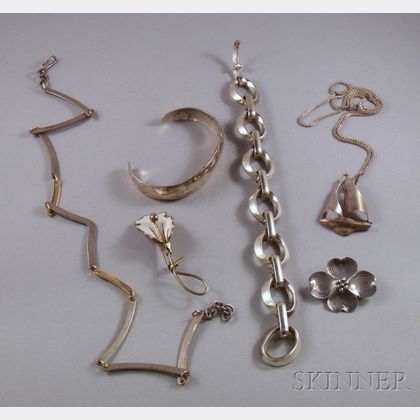Six Pieces of Modernist Sterling Silver Jewelry