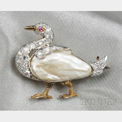 Edwardian Freshwater Pearl and Diamond Duck Brooch
