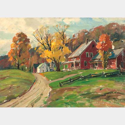 Aldro Thompson Hibbard (American, 1886-1972) Autumn Landscape with Red Farmhouse