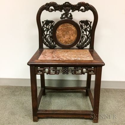 Carved Hardwood and Marble Side Chair