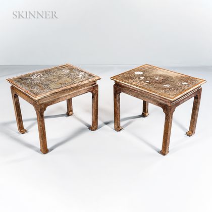 Max Kuehne (American, 1880-1968) Pair of Wooden Tables with Floral Motifs