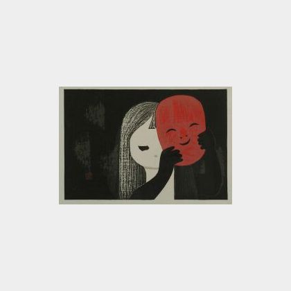Framed Kaoru Kawano Woodblock Print of a Girl Holding a Red Mask. 