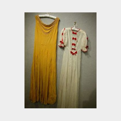 1920s Ladys Red Velvet Bow-Trimmed White Gauze Dress and a Beaded Yellow Gauze Dress. 