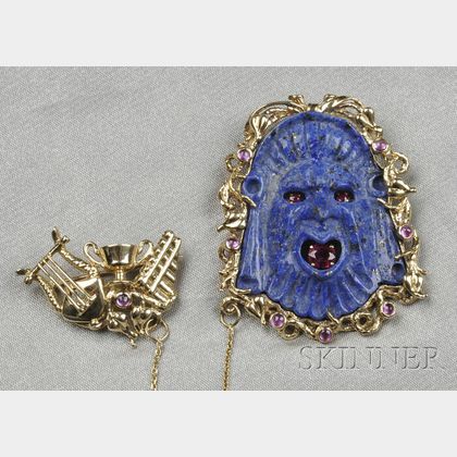 14kt Gold, Carved Lapis Satyr Mask, and Ruby Brooch