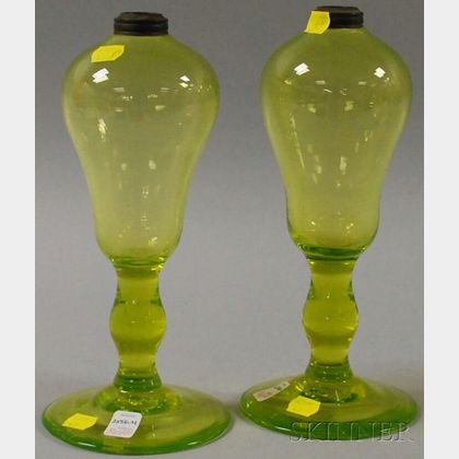 Pair of Blown Vaseline Glass Oil Lamps